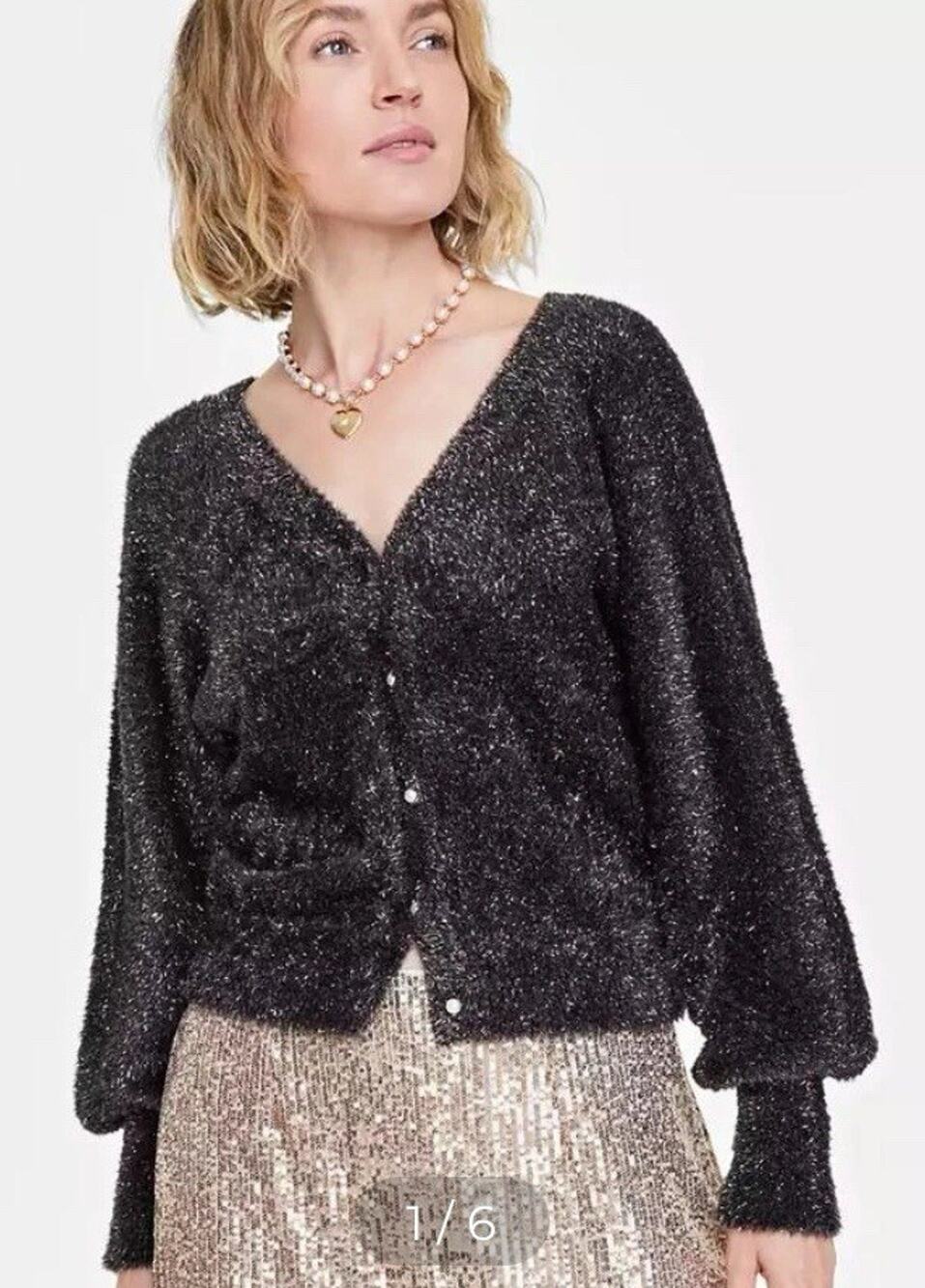 On 34Th Size, Large, Soft Black With Metallic Gold Fleck Pearl Button Sweater